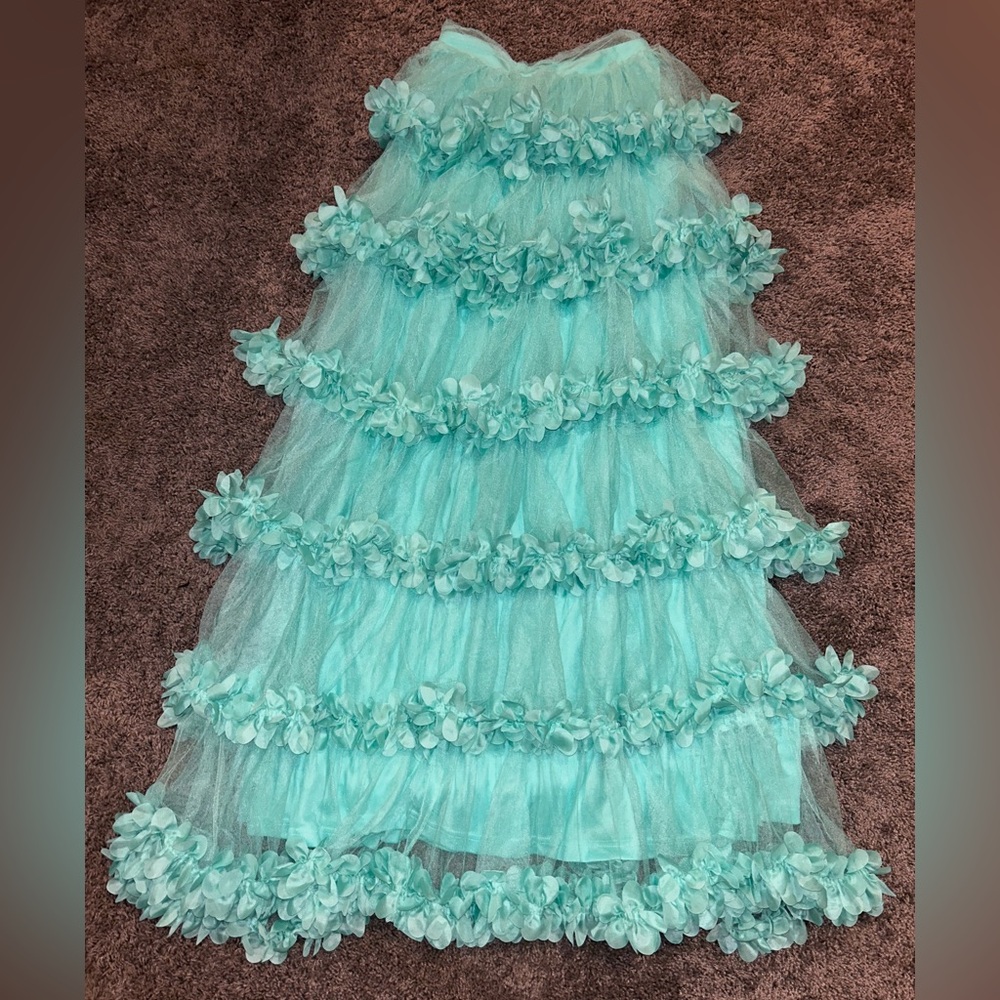Floor length, light blue/mint, floral, mesh skirt